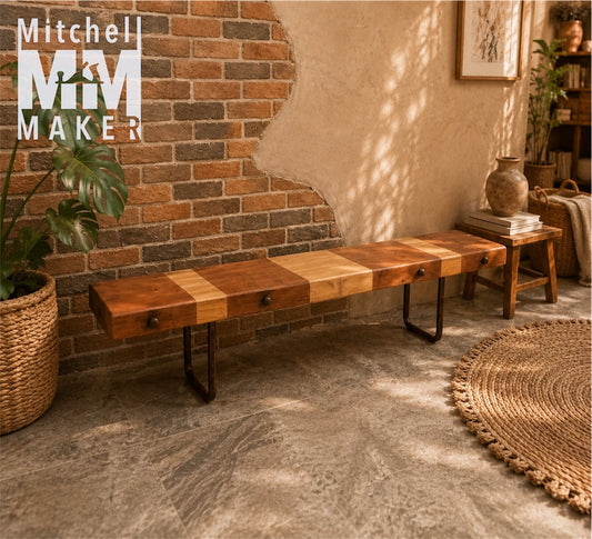 Vintage Industrial Redwood Bench with Teak & Salvaged Steel
