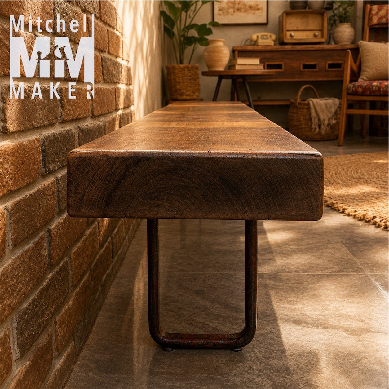 Vintage Industrial Redwood Bench with Teak & Salvaged Steel