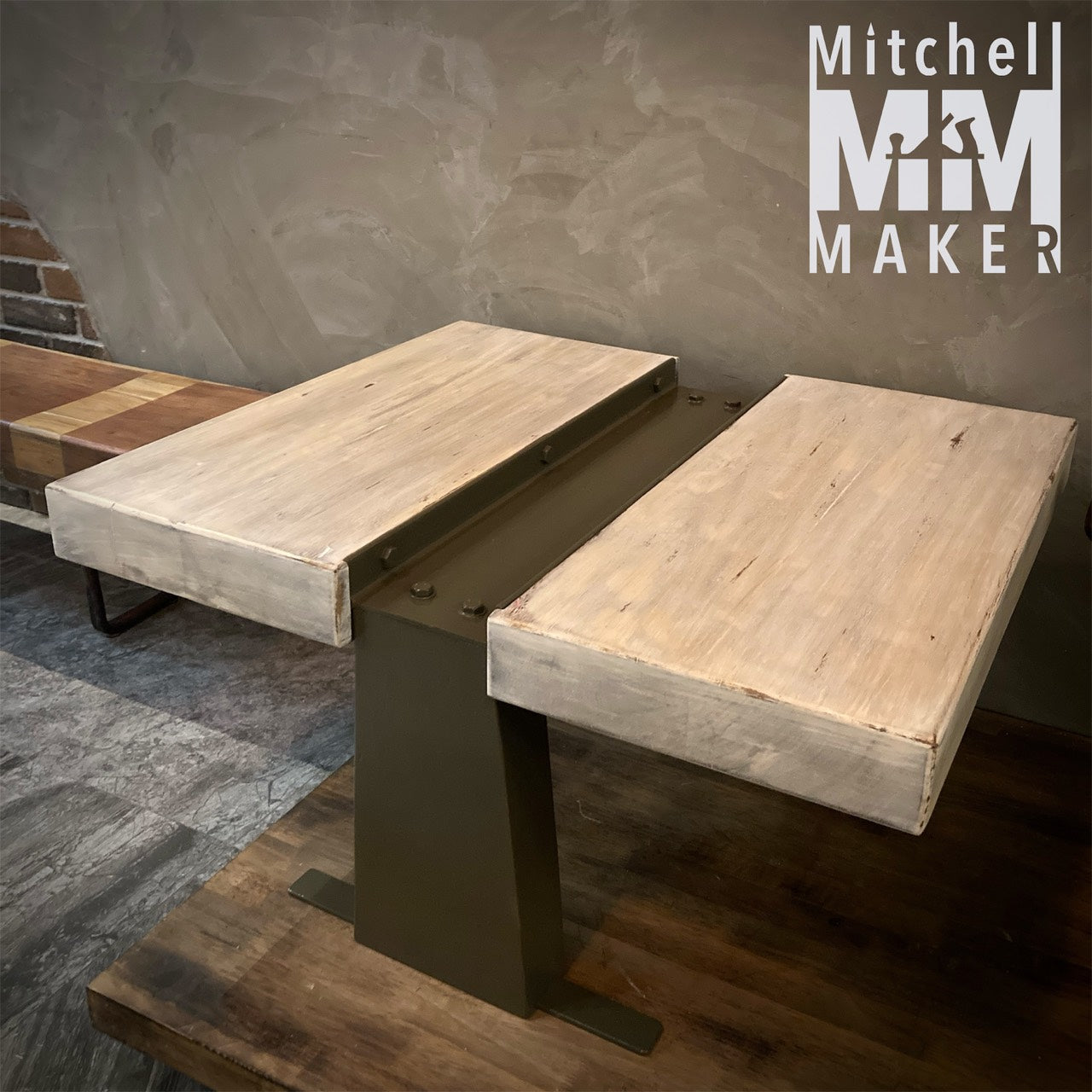 Brutalist Coffee Table in Vintage Hardwood & Steel