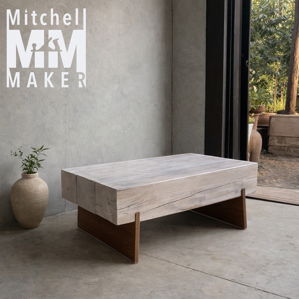 Whitewashed Pine Beam & Teak Coffee Table