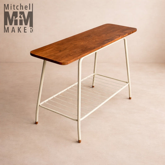 Retro Slim Console Table in Reclaimed Teakwood with Steel Rod Shelf