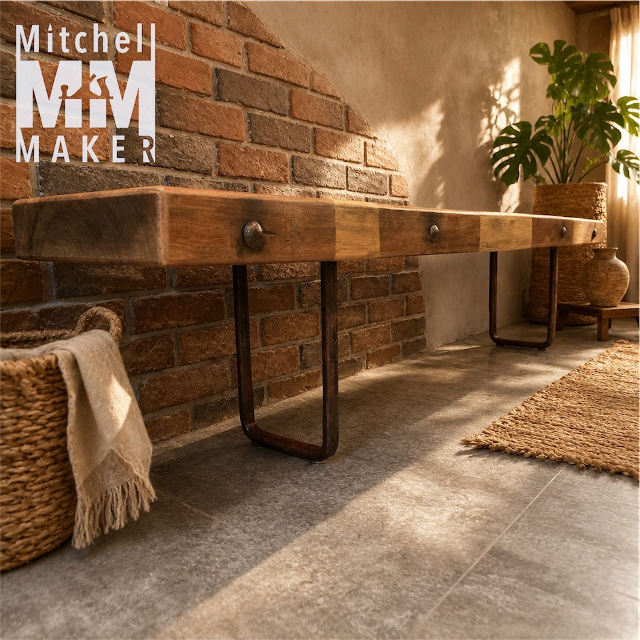 Vintage Industrial Redwood Bench with Teak & Salvaged Steel