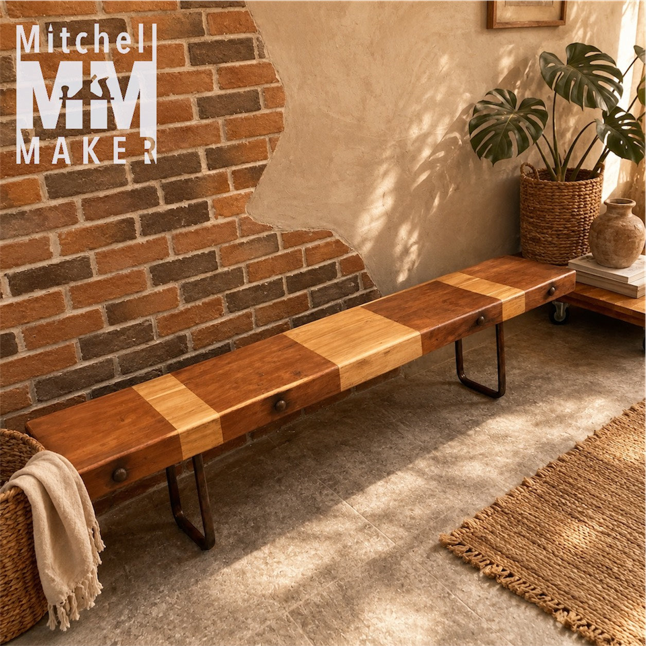 Vintage Industrial Redwood Bench with Teak & Salvaged Steel