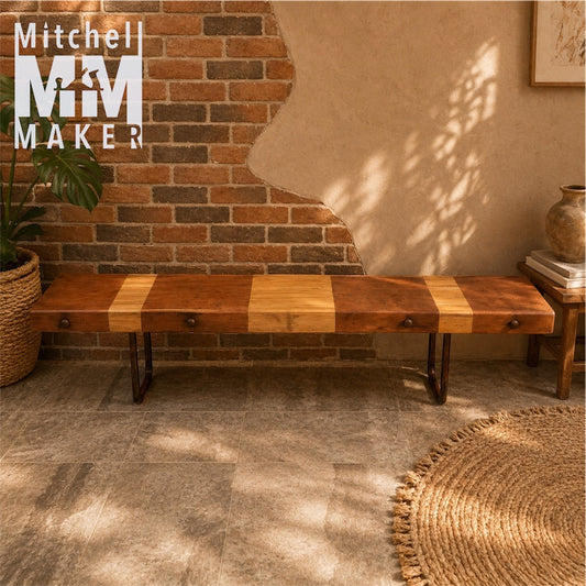 Vintage Industrial Redwood Bench with Teak & Salvaged Steel