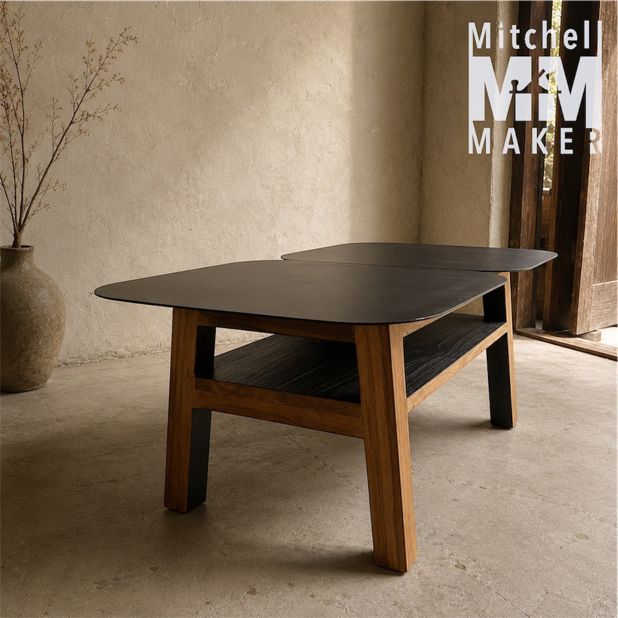 Steel Top With Shou Sugi Ban Teak Coffee Table