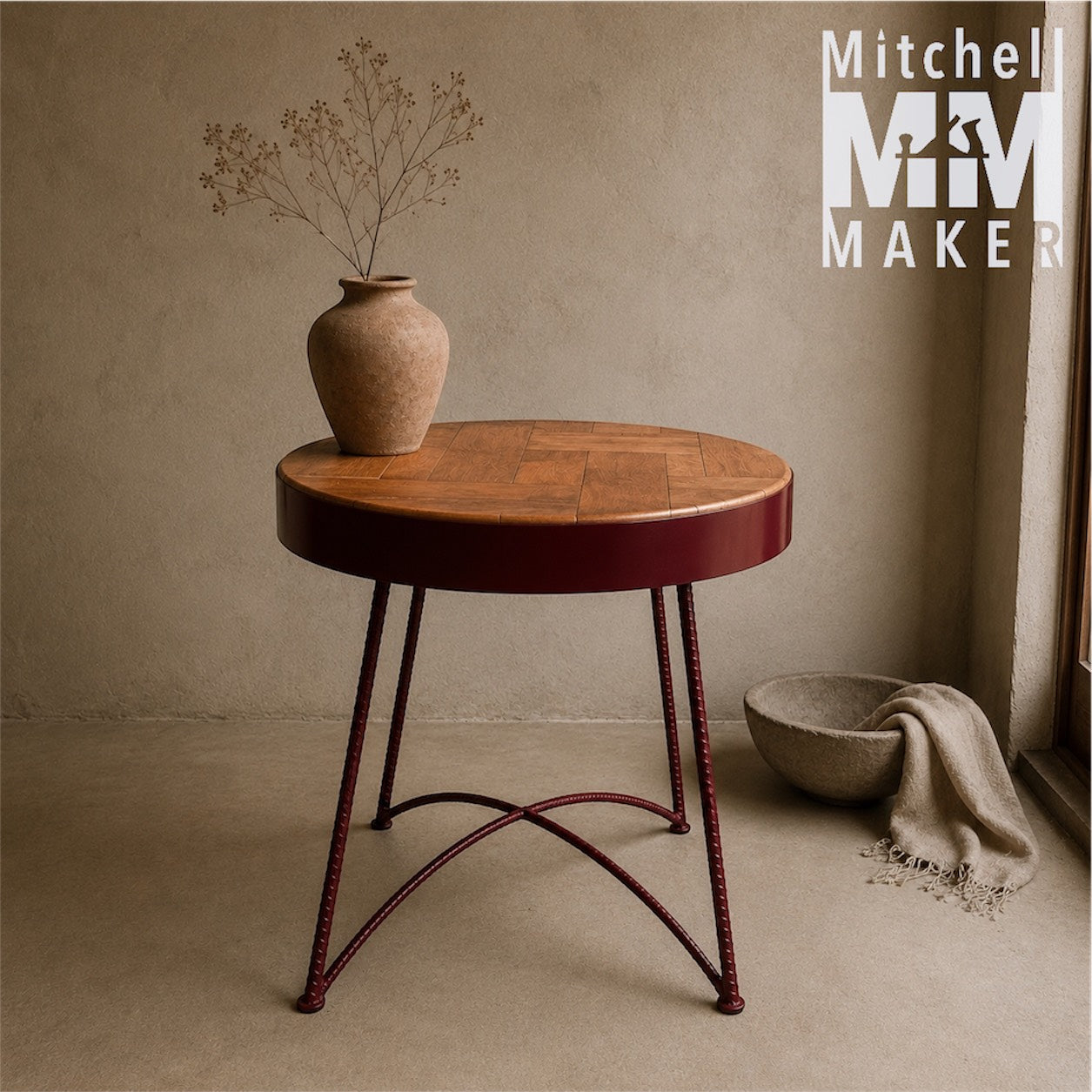Patchwork Hardwood & Maroon Side Table