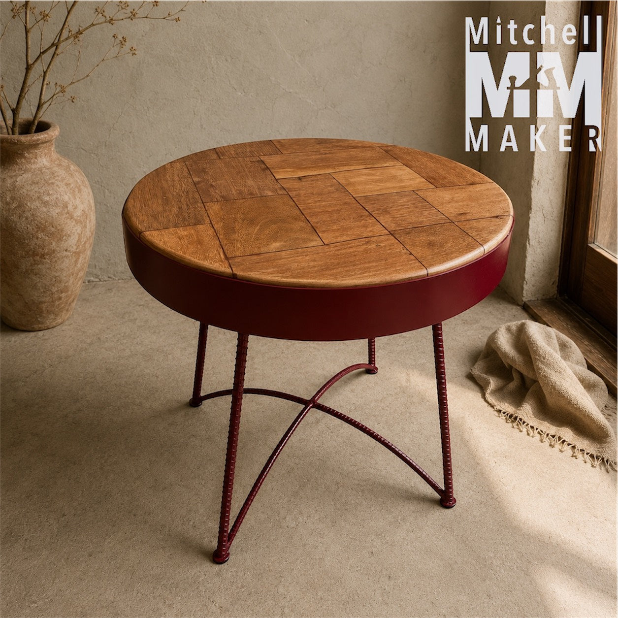 Patchwork Hardwood & Maroon Side Table