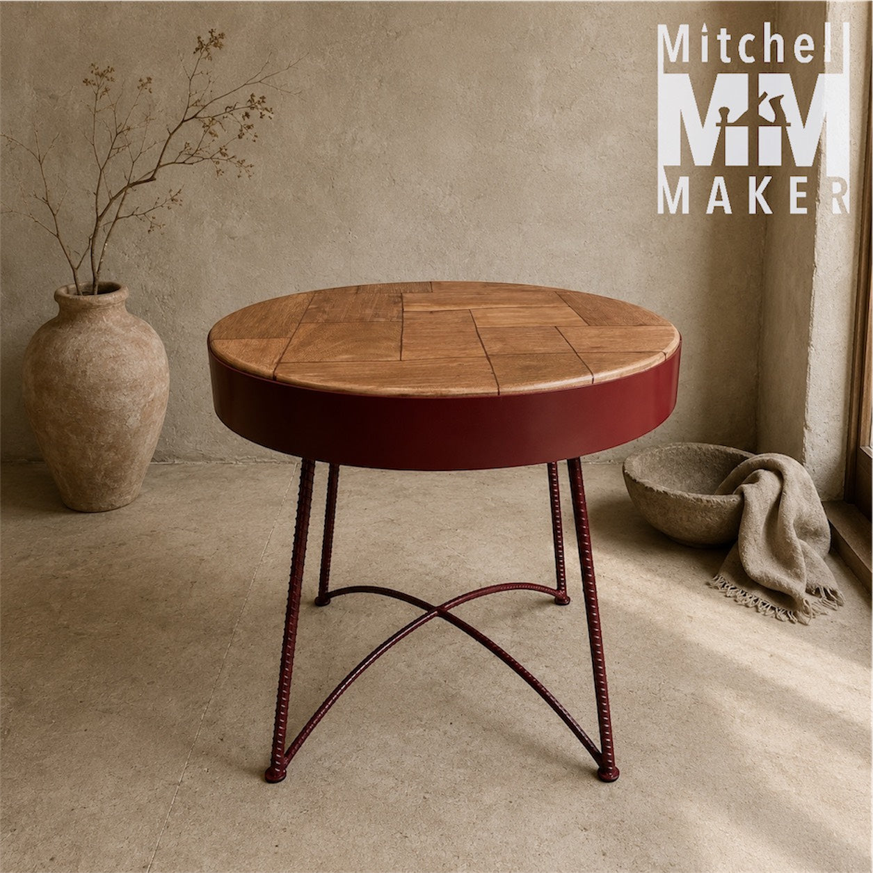 Patchwork Hardwood & Maroon Side Table