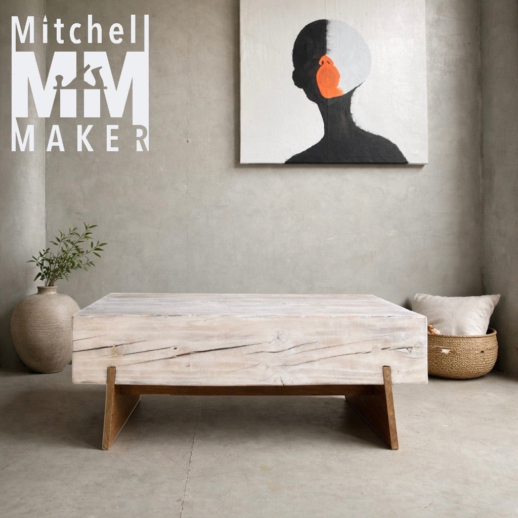 Whitewashed Pine Beam & Teak Coffee Table