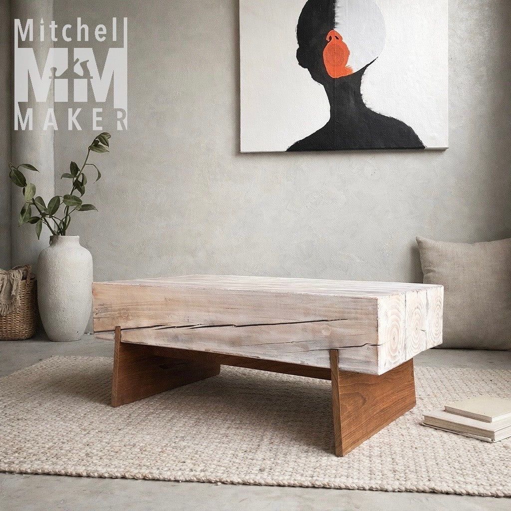 Whitewashed Pine Beam & Teak Coffee Table