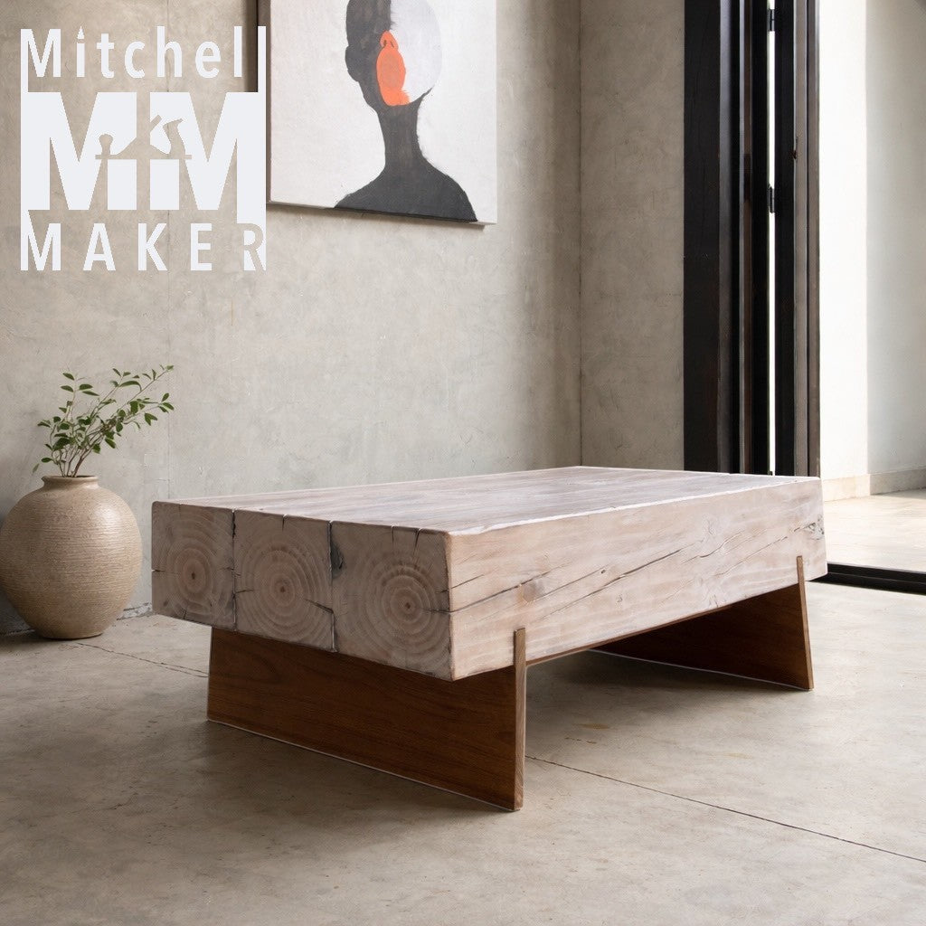 Whitewashed Pine Beam & Teak Coffee Table